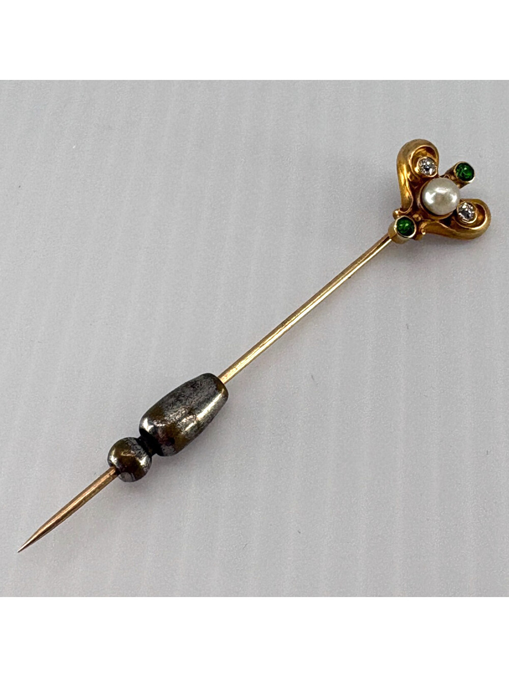 14K Marked Stick Pin Pearl Green Clear Stones Gold Tone Jewelry - Picture 2 of 10